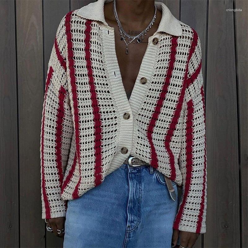 Mens Sweaters Autumn Trend Mens Knit Shirts Fashion Striped Jacquard Cardigan Tops For Men Spring Vintage Button-down Lapel Knitted