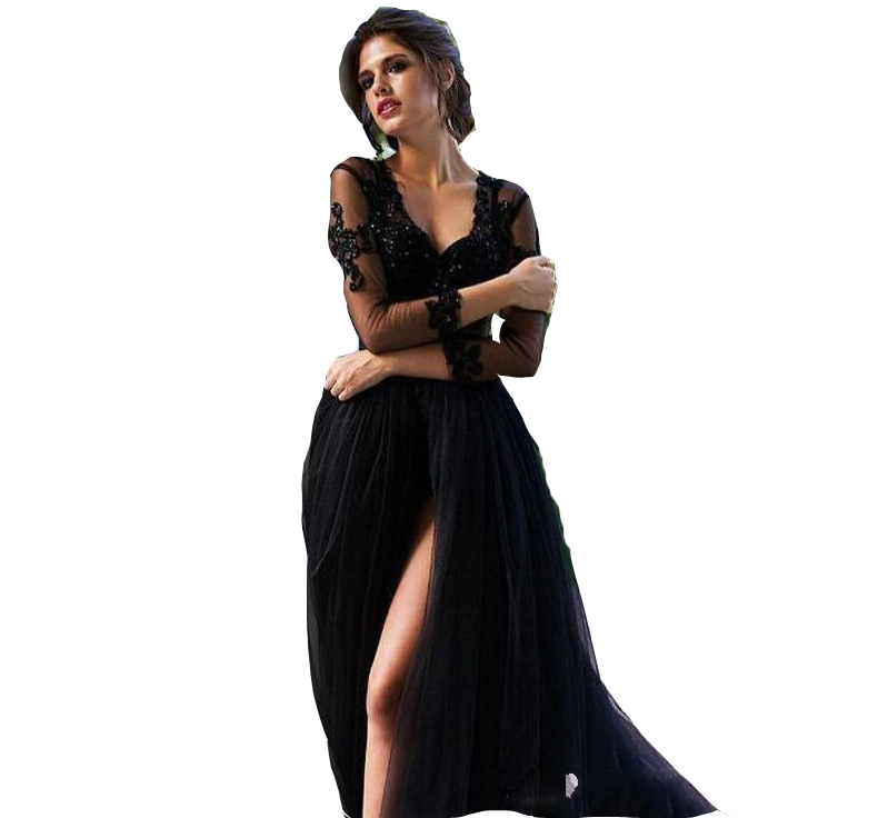 2023 Vintage Bobemian A Line Wedding Dresses V Neck Black Lace Crystal Beads Tulle Gothic With Long Sleeves Sexy Sheer Top Slit Skirt Bridal Gowns Cri