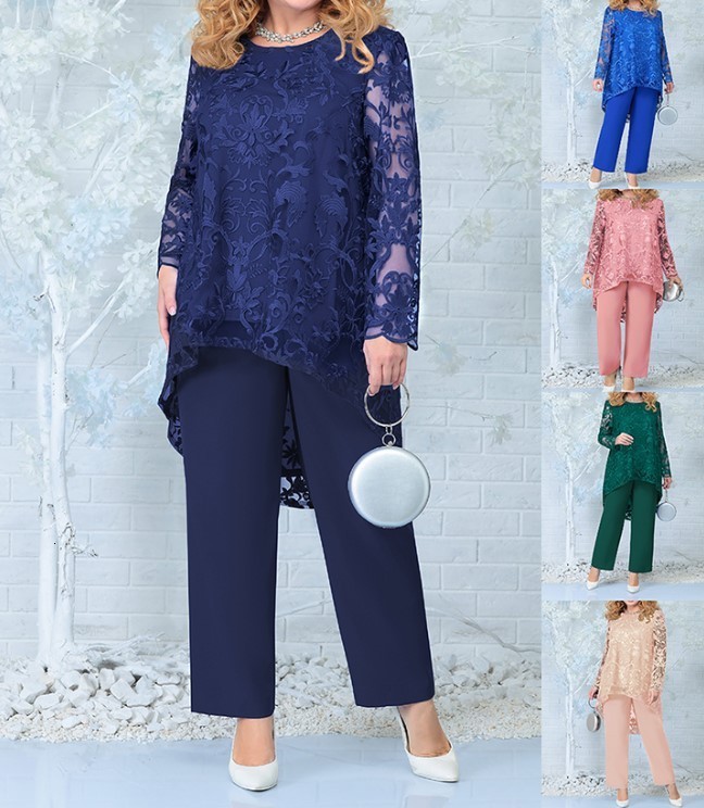 Women's Plus Size Pants Summer Fashion Elegant Lace Party Two Piece Set for Round Neck Long Sleeve Irregular Top 230804