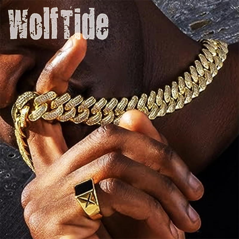 18mm 18K Gold Hip Hop Iced Out Mens Cuban Link Chain Necklace Full Diamond Miami Curb Chains Rock Choker Jewelry Gifts for Guys Wholesale Bijoux Colla