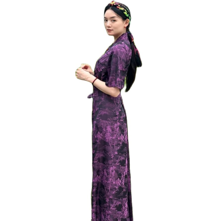 Women Ethnic Clothing National Tibetan Costume Female Silk Gown Long Sleeve vintage apparel Cheongsam Style Summer Elegant Robe
