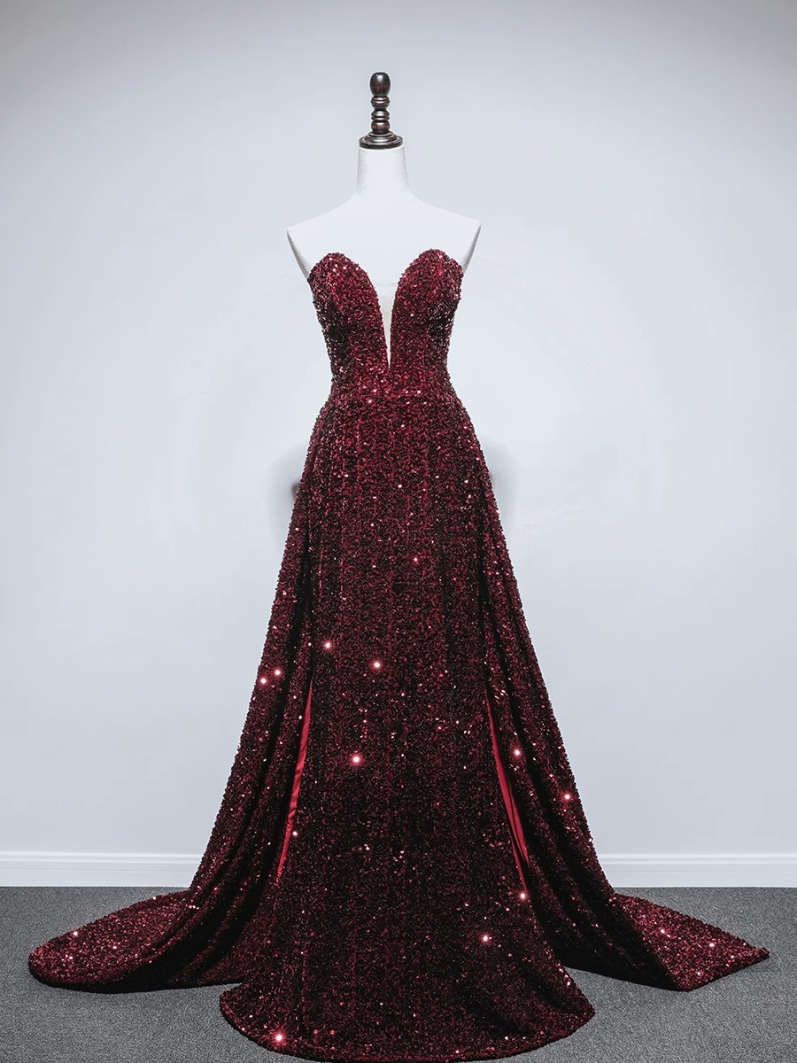 Sparkling Evening Dress Navy/Burgundy Long Prom Gowns Shining Sequins Sweep Train Long Formal Dresses Elegant
