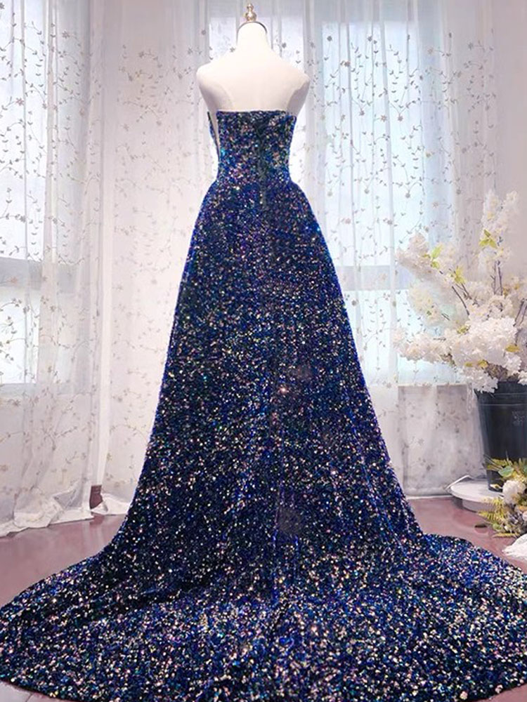 Sparkling Evening Dress Navy/Burgundy Long Prom Gowns Shining Sequins Sweep Train Long Formal Dresses Elegant