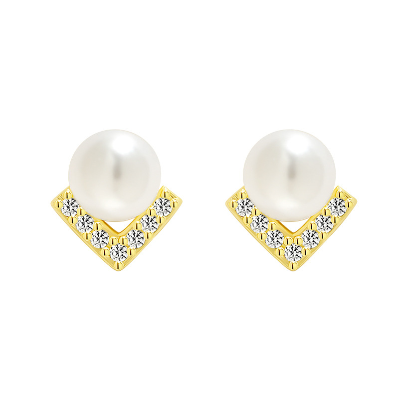 Stud Earring Designer Classic V-Shaped Women's Pearl Stud S925 Diamond-Studded Triangle MiNi Retro Small Fragrant Freshwater Pearl Earrings