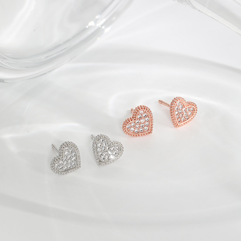 Elegant Heart Shaped Diamond Stud Earrings - 18k Gold Plated with S925 Sterling Silver Base