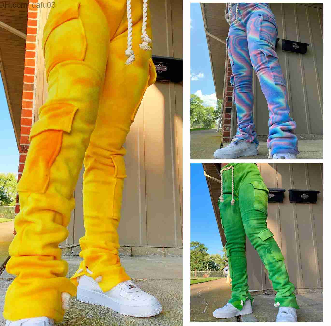 Women's Pants Capris Pants Double Plush Tie Dye Print Jogger Sweatpant Women High Waist Drawstring Stacked Pant Trouser Winter Side S-2XL Z230805