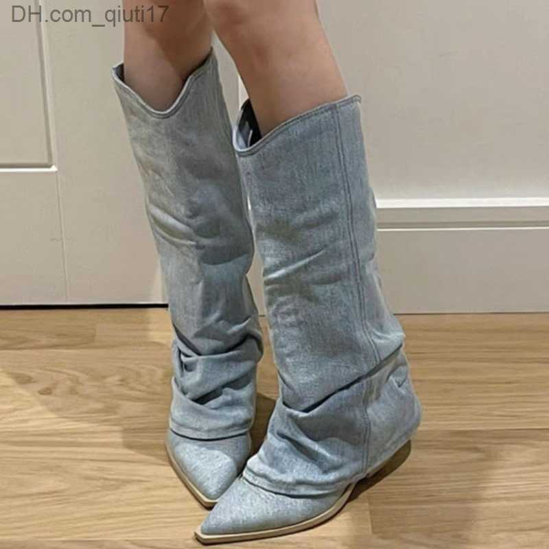 Boots 2023 Women's Boots Blue Denim Knee High Boots Pointed Toe High Heels Slip on Women's Autumn Winter Shoes Loose and Comfortable Shoes Z230809
