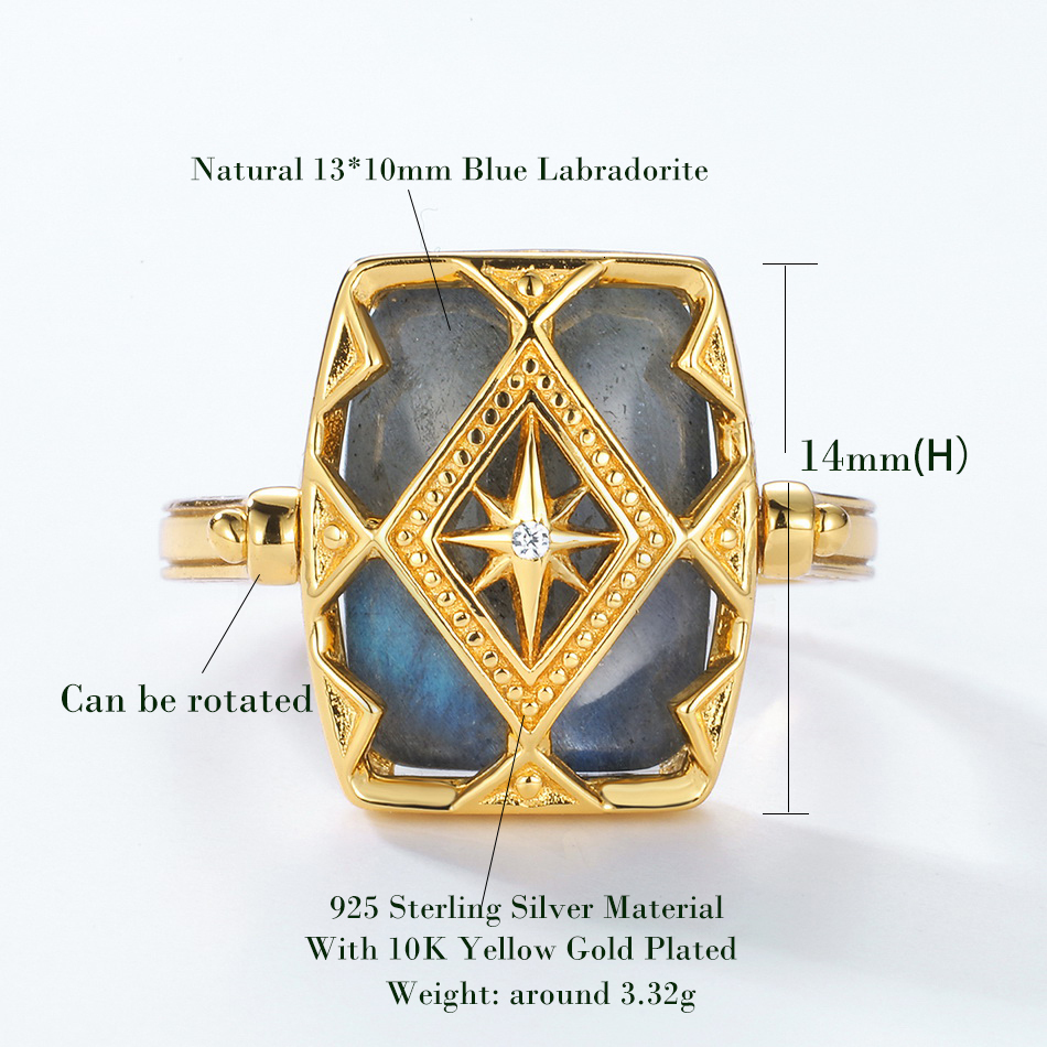 Wedding Rings ALLNOEL Natural 13 10MM Blue Labradorite 925 Sterling Silver Women Double Side Reversible Gold Plated Vintage Jewelry Gift 230804