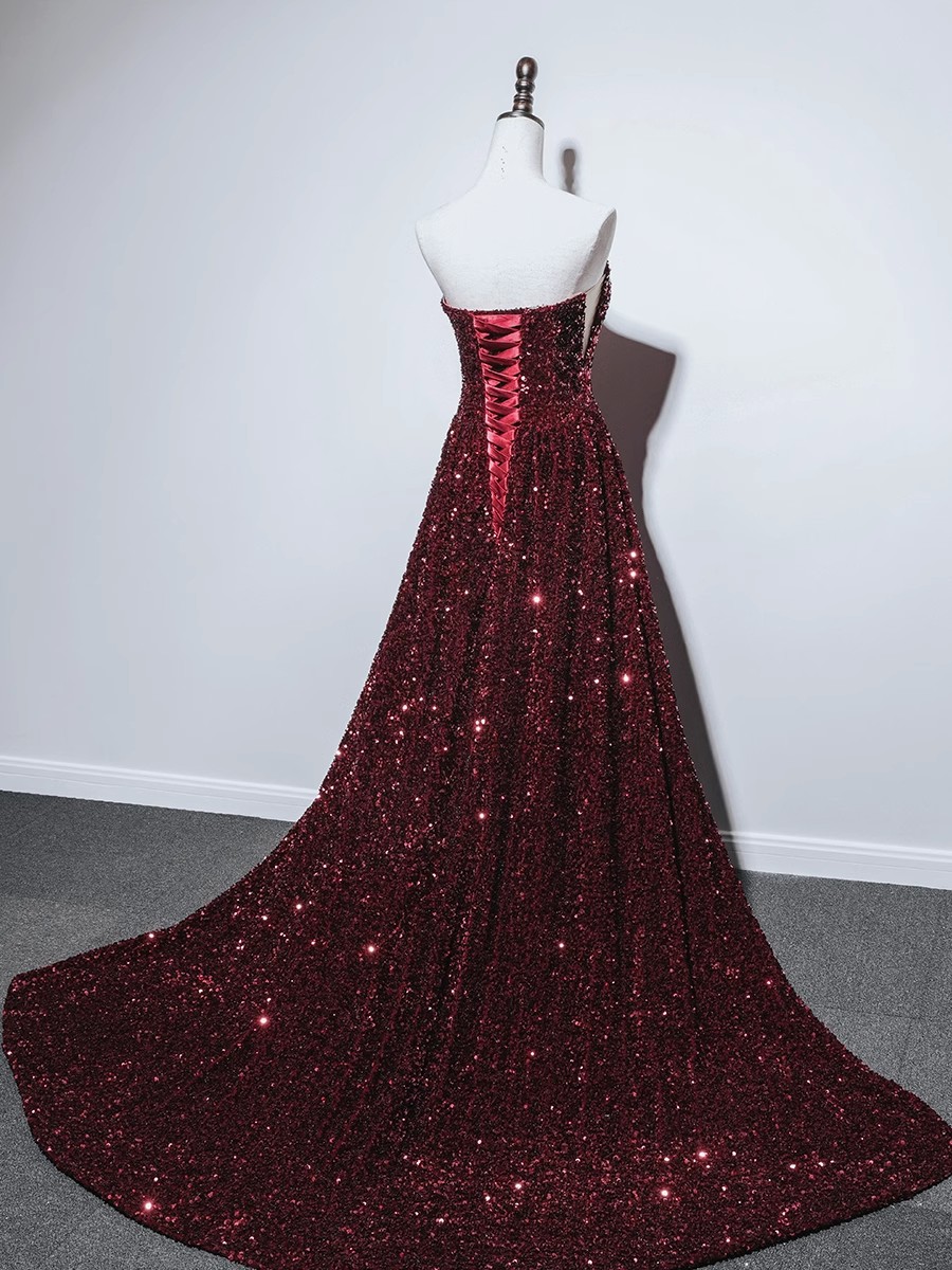 Sparkling Evening Dress Navy/Burgundy Long Prom Gowns Shining Sequins Sweep Train Long Formal Dresses Elegant