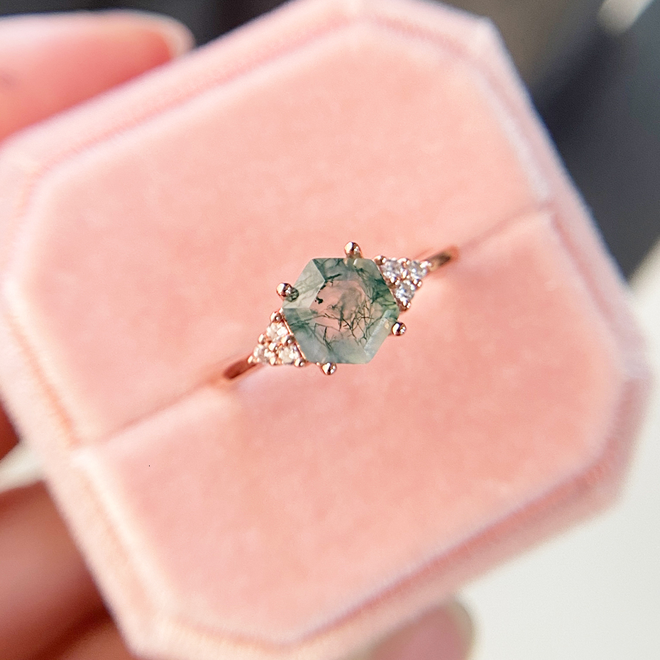 Wedding Rings Luxyimagic Natural Moss Agate Gemstones Ring for Women Solid 925 Sterling Silver Korean Trendy Hexagon Engagement Jewel 230804