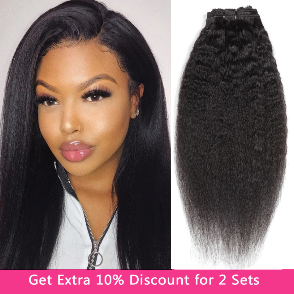 Alibele Kinky Straight Clip In Human Hair Extensions 120G/Set Brazilian Remy Yaki Straight Human Hair Extensions 10-24" Clip Ins