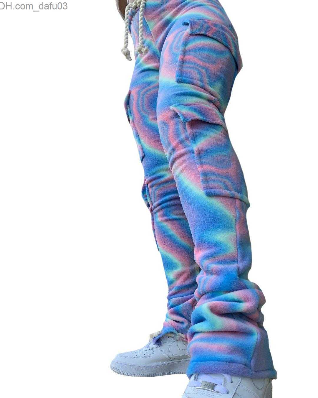 Women's Pants Capris Pants Double Plush Tie Dye Print Jogger Sweatpant Women High Waist Drawstring Stacked Pant Trouser Winter Side S-2XL Z230805