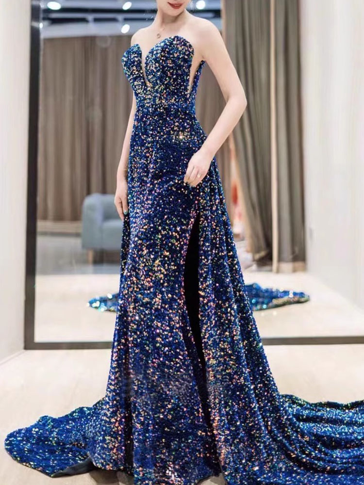 Sparkling Evening Dress Navy/Burgundy Long Prom Gowns Shining Sequins Sweep Train Long Formal Dresses Elegant