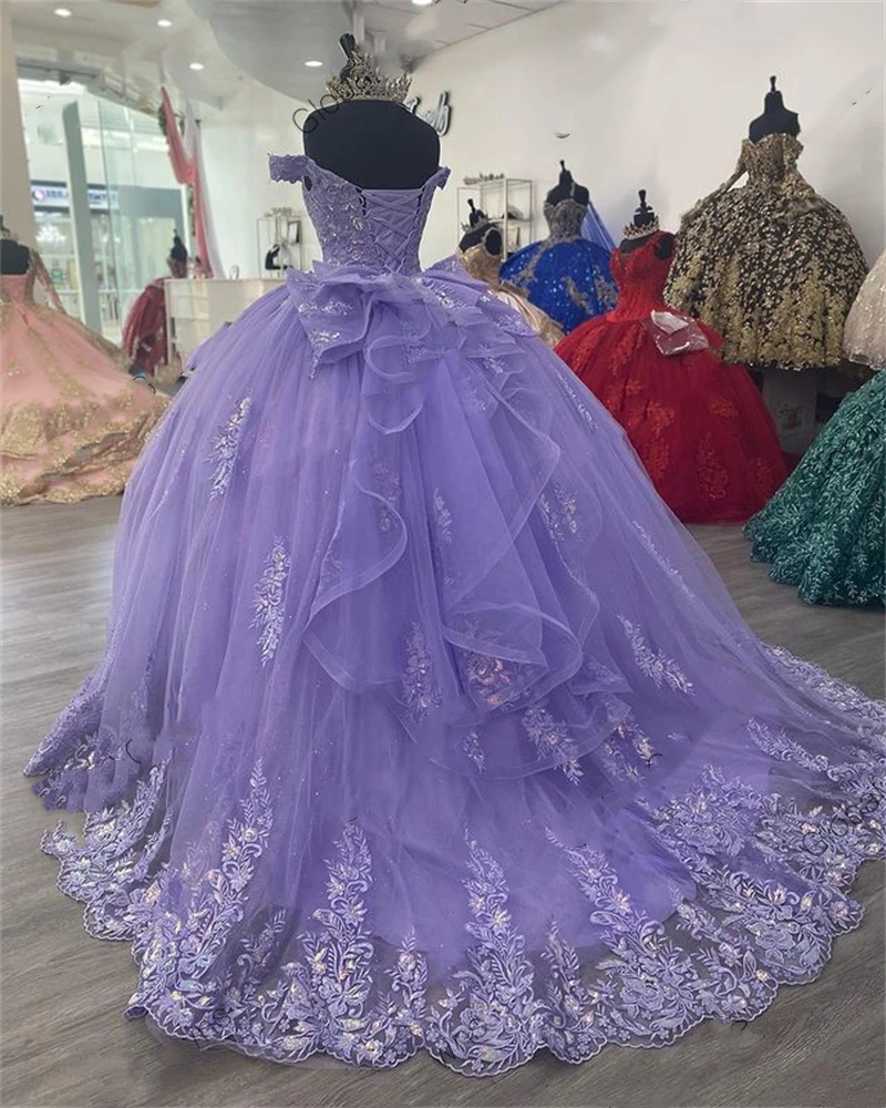 Princess Lavender Quinceanera Dresses Off The Shoulder Ball Gown Lace Appliques Birthday Party Gowns Back Bow Ruffles Beaded Prom Dress Vestido De 15 