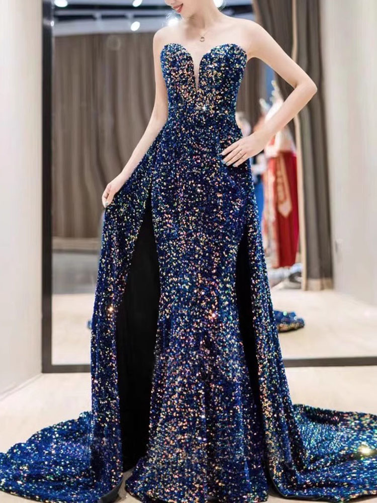 Sparkling Evening Dress Navy/Burgundy Long Prom Gowns Shining Sequins Sweep Train Long Formal Dresses Elegant