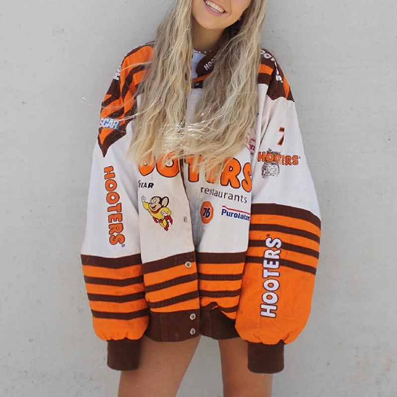 Women's Jackets Oversized printed jacket female Gothic racing suit hiphop street style Y2K oversized baseball uniform bomber top 230804