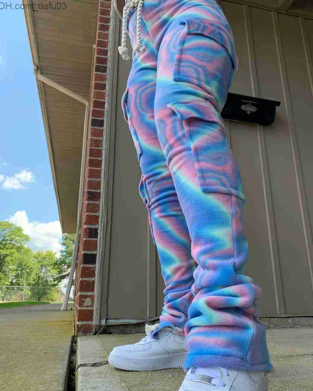 Women's Pants Capris Pants Double Plush Tie Dye Print Jogger Sweatpant Women High Waist Drawstring Stacked Pant Trouser Winter Side S-2XL Z230805