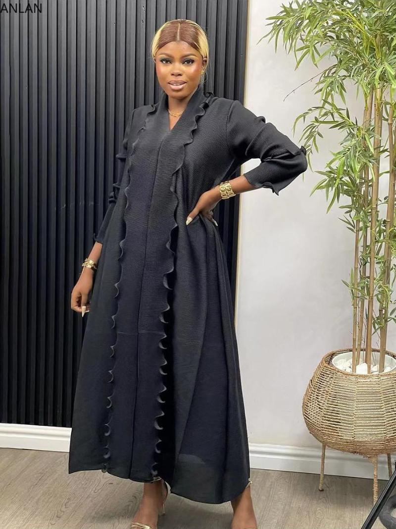 Casual Dresses ANLAN Miyake Maxi Pleated Dress Solid Ruffles Full Sleeve With Belt Formal 2023 Sexy Birthday Outfit Women 2KY961