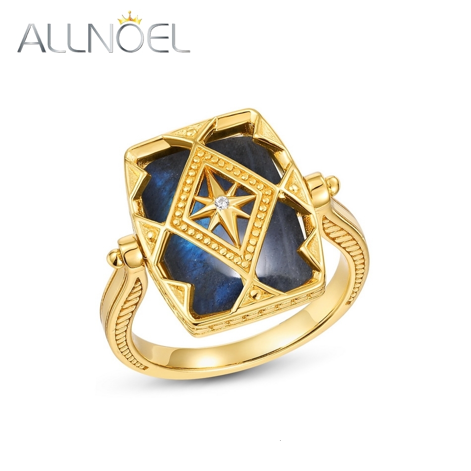 Wedding Rings ALLNOEL Natural 13 10MM Blue Labradorite 925 Sterling Silver Women Double Side Reversible Gold Plated Vintage Jewelry Gift 230804