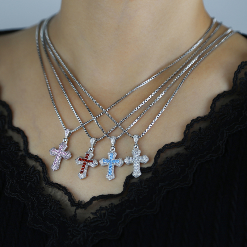 Hip Hop Cross Pendant Necklace for Men Women, 5A Cubic Zirconia, Gold & Sier, Tennis Chain, Party Gift