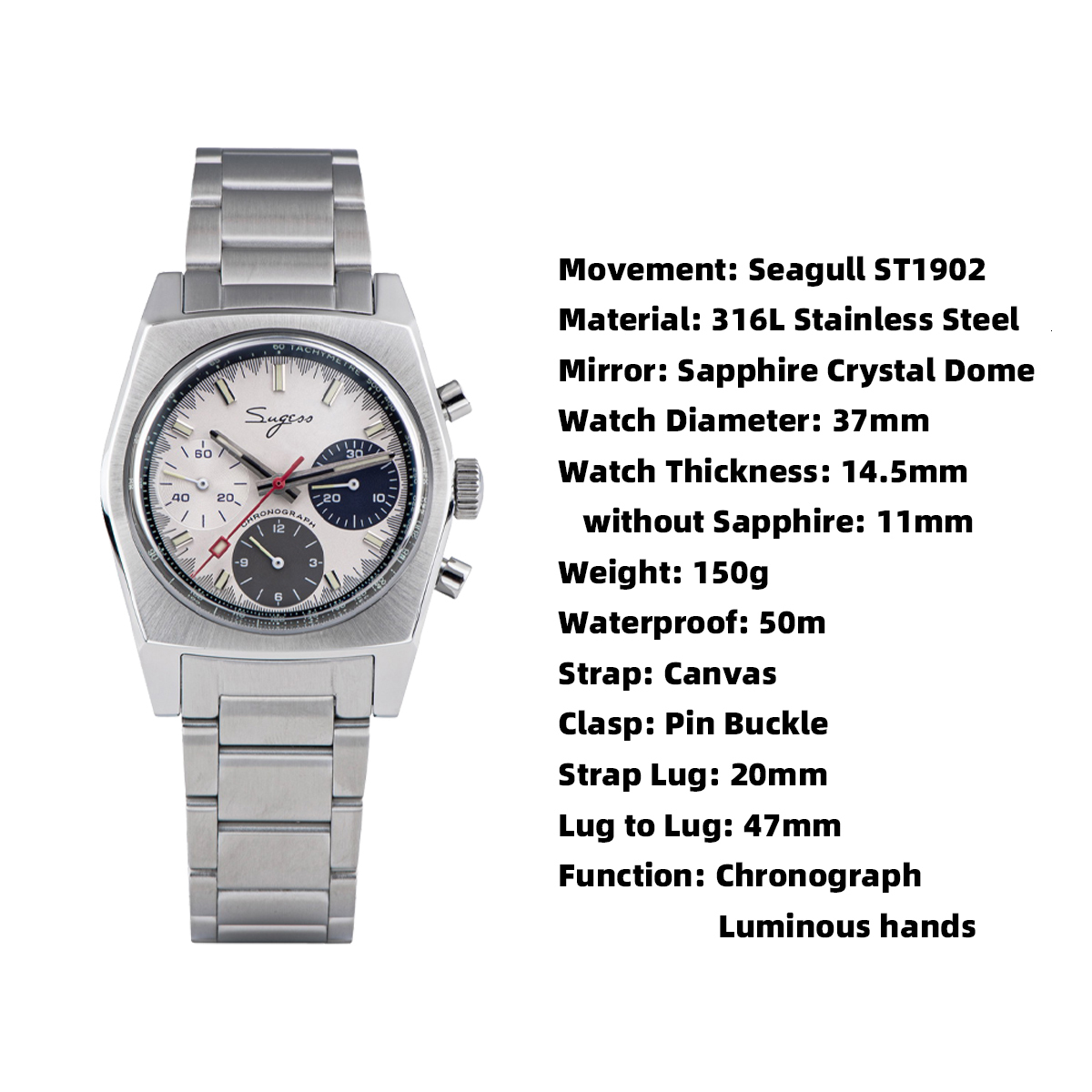 Other Watches Sugess 37mm Chronograph Watch of Men Seagull ST1902 Swanneck Movement Waterproof Mechanical Wristwatches Dome Sapphire 230804