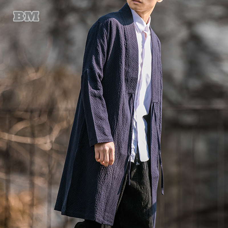 Men's Trench Coats Chinese Traditional Dress Medium Length Coat Men Clothing Plus Size Casual Robe Cardigan Vintage Cotton Linen Windbreaker Male