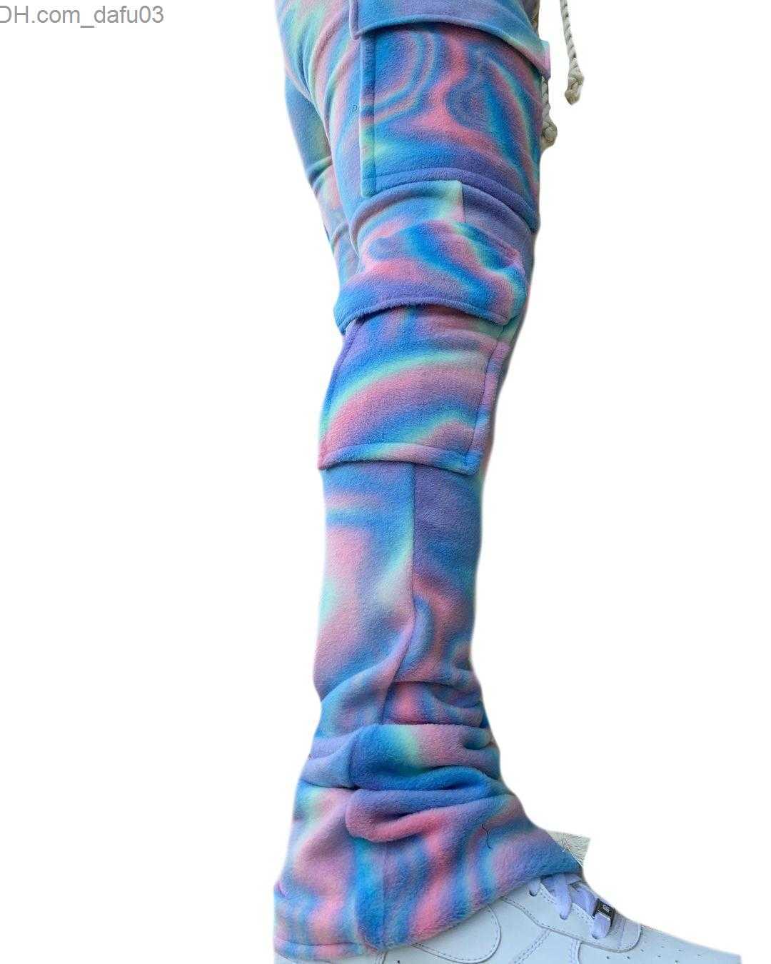 Women's Pants Capris Pants Double Plush Tie Dye Print Jogger Sweatpant Women High Waist Drawstring Stacked Pant Trouser Winter Side S-2XL Z230805