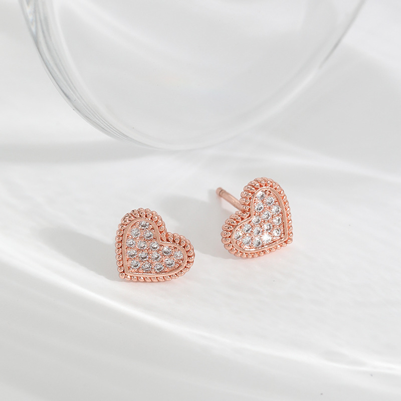 Elegant Heart Shaped Diamond Stud Earrings - 18k Gold Plated with S925 Sterling Silver Base