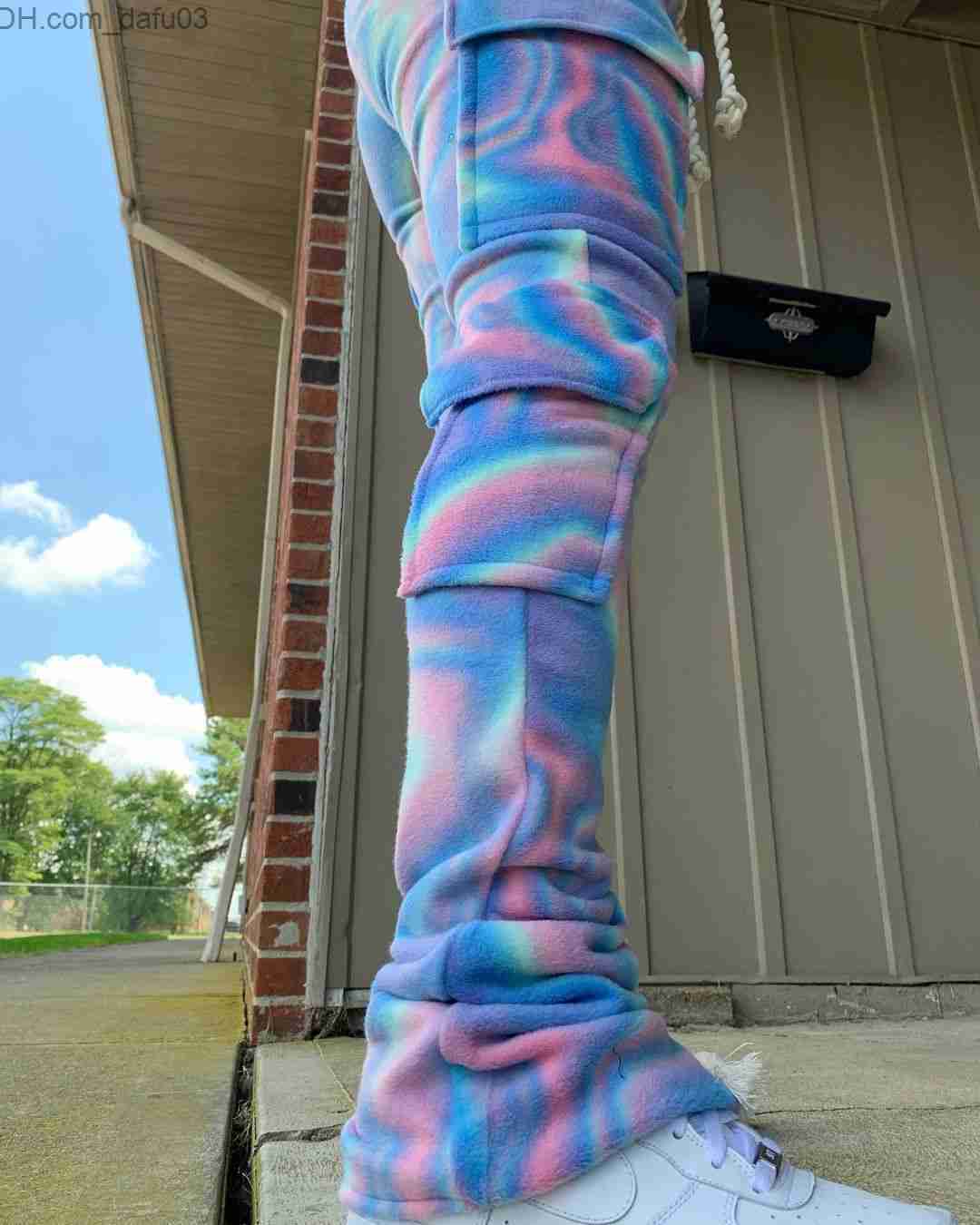 Women's Pants Capris Pants Double Plush Tie Dye Print Jogger Sweatpant Women High Waist Drawstring Stacked Pant Trouser Winter Side S-2XL Z230805