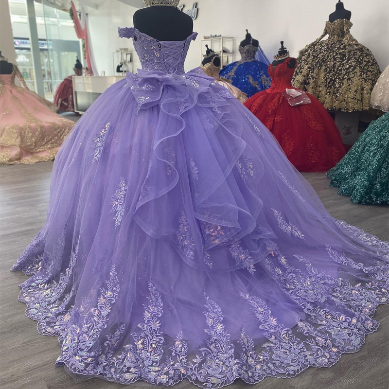 Lavender Sparkly Princess Off Shoulder Quinceanera Dresses 2025 Sexy V-Neck Lace Applique Sweet 16 Ball Gown Vestidos De 15 Anos