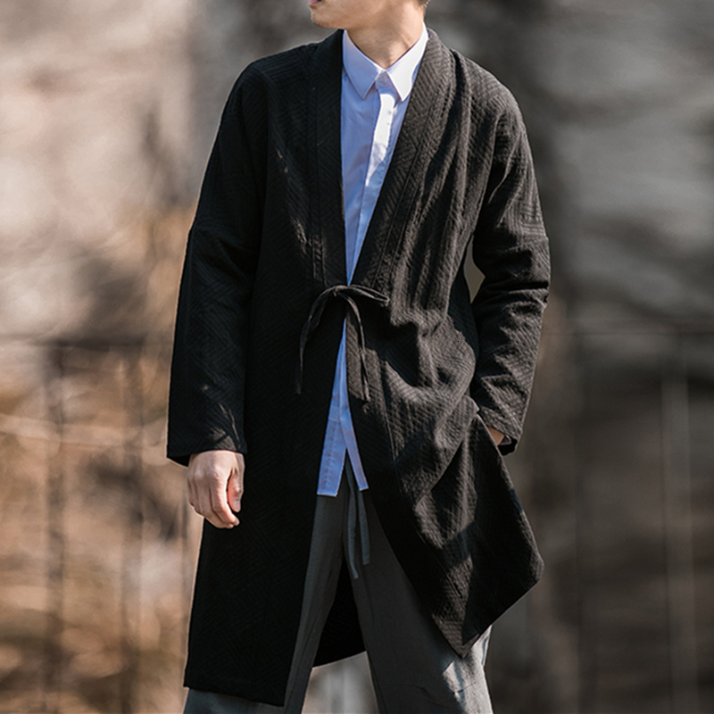 Men's Trench Coats Chinese Traditional Dress Medium Length Coat Men Clothing Plus Size Casual Robe Cardigan Vintage Cotton Linen Windbreaker Male