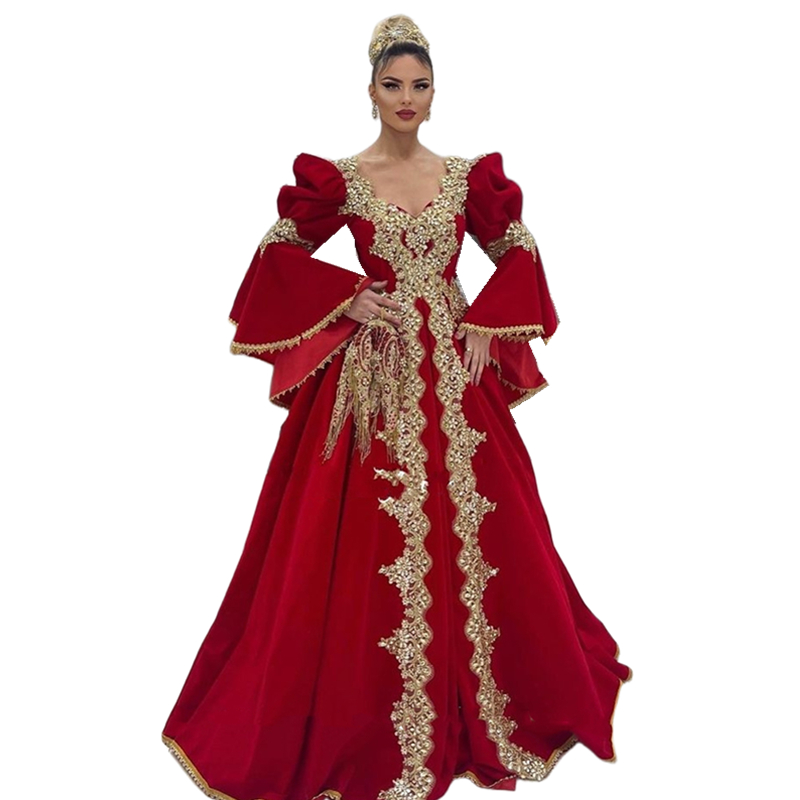 Elegant Kosovo Kaftan Red Velvet Prom Dresses Bell Long Sleeves Gold Lace Appliques Beaded Floor Length Formal Evening Gowns