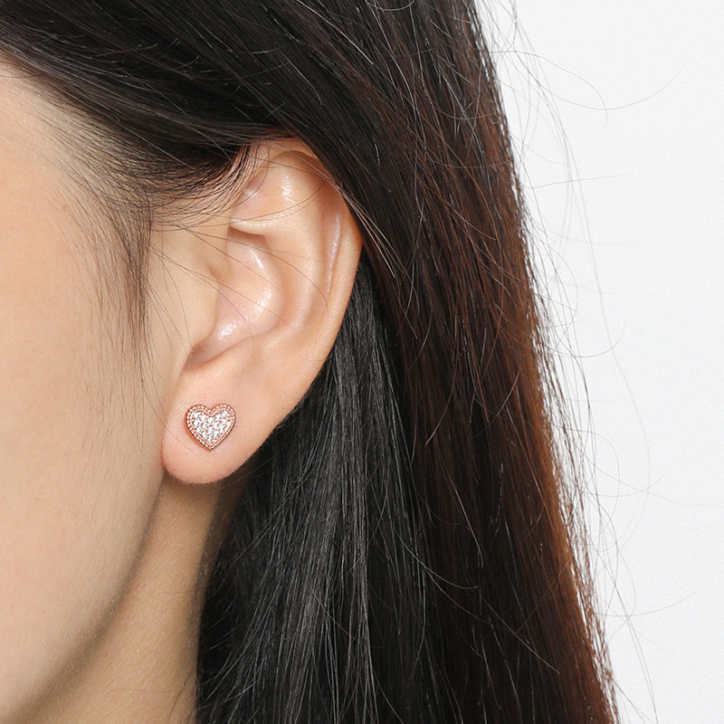 Elegant Heart Shaped Diamond Stud Earrings - 18k Gold Plated with S925 Sterling Silver Base