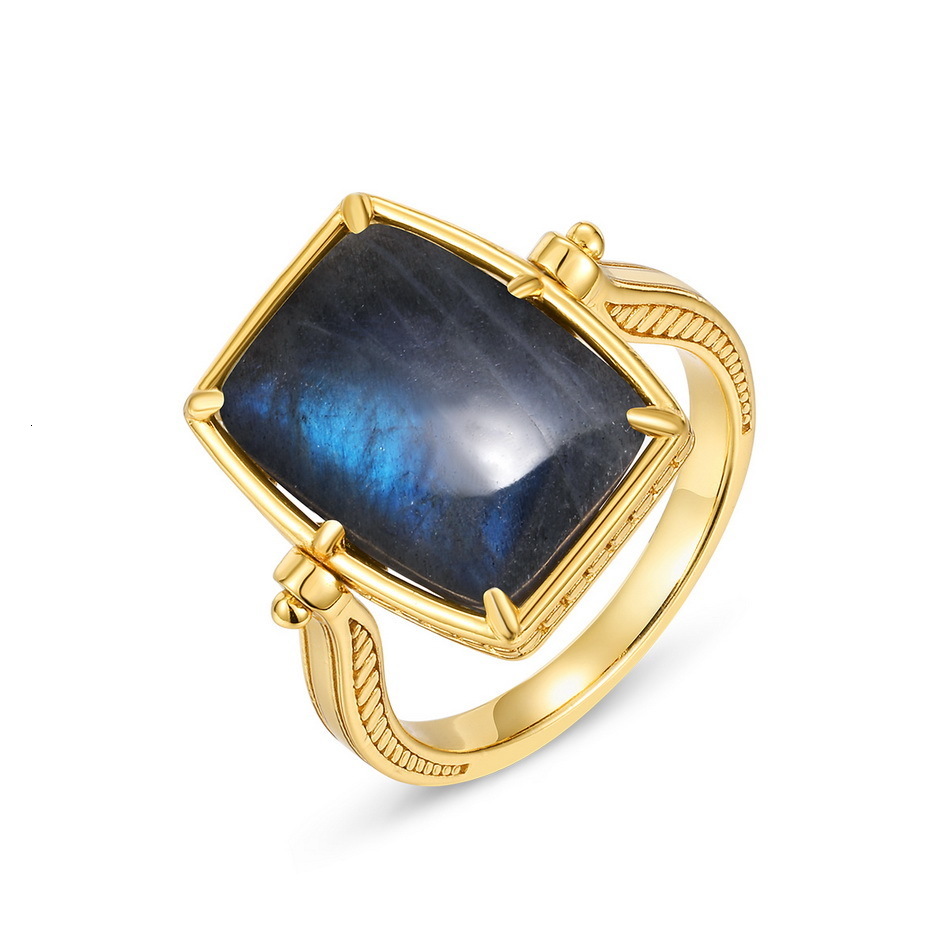 Wedding Rings ALLNOEL Natural 13 10MM Blue Labradorite 925 Sterling Silver Women Double Side Reversible Gold Plated Vintage Jewelry Gift 230804