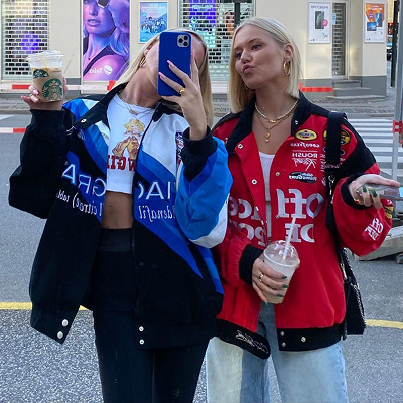 Women's Jackets Oversized printed jacket female Gothic racing suit hiphop street style Y2K oversized baseball uniform bomber top 230804