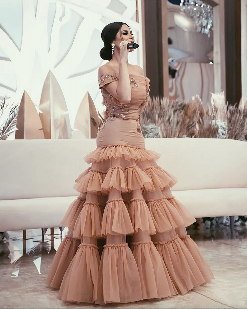 Arabic Dubai Off Shoulder Mermaid Prom Dresses Pleats Ruffles Sequined Beaded Formal Evening Gowns Floor Length Formal Dress Party Dress