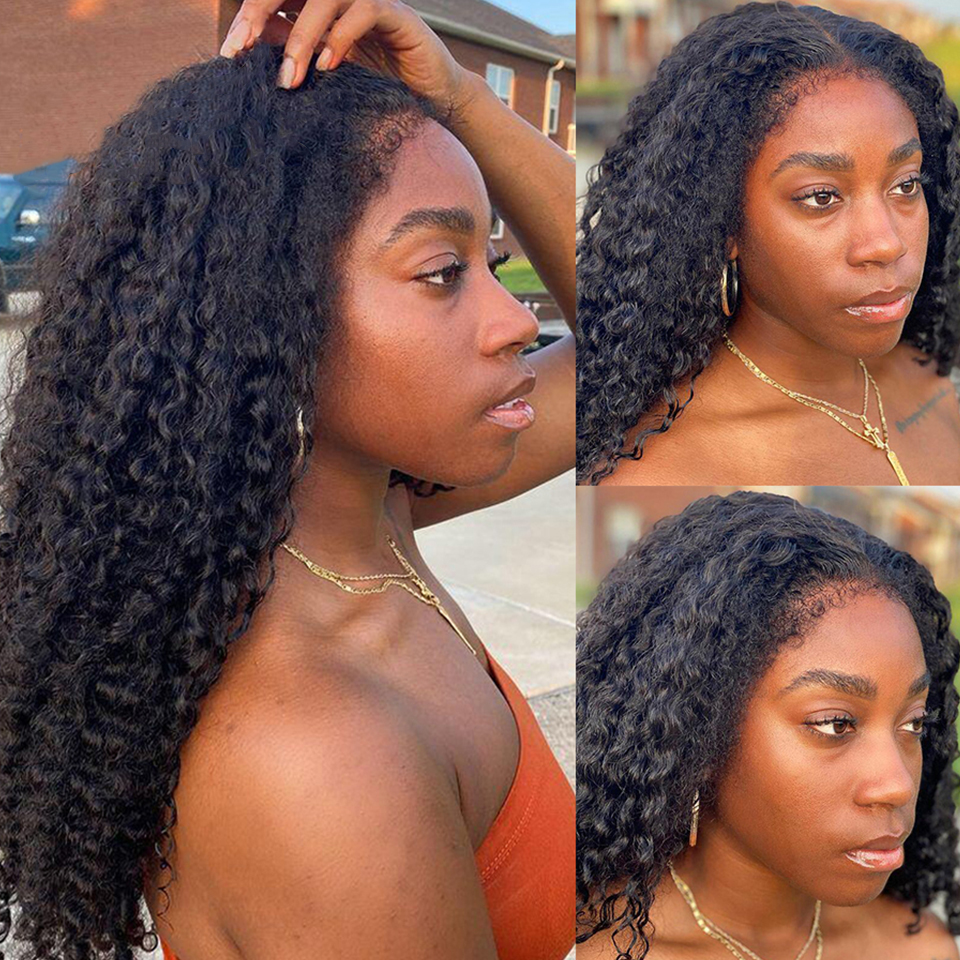 Kinky Curly 4C Edges Brazilian Deep Wave 13x4 Human Hair Lace Frontal Wigs For Women With Baby Hair Natural Hairline Preplucked