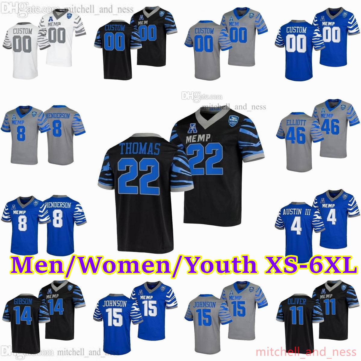 Custom XS-6XL NCAA Memphis Tigers Football Jersey 4 Calvin Austin III 48 Xavier Cullens 46 Jake Elliott 14 Antonio Gibson 11 Sylvonta Oliver 5 Seth Henigan Henderson