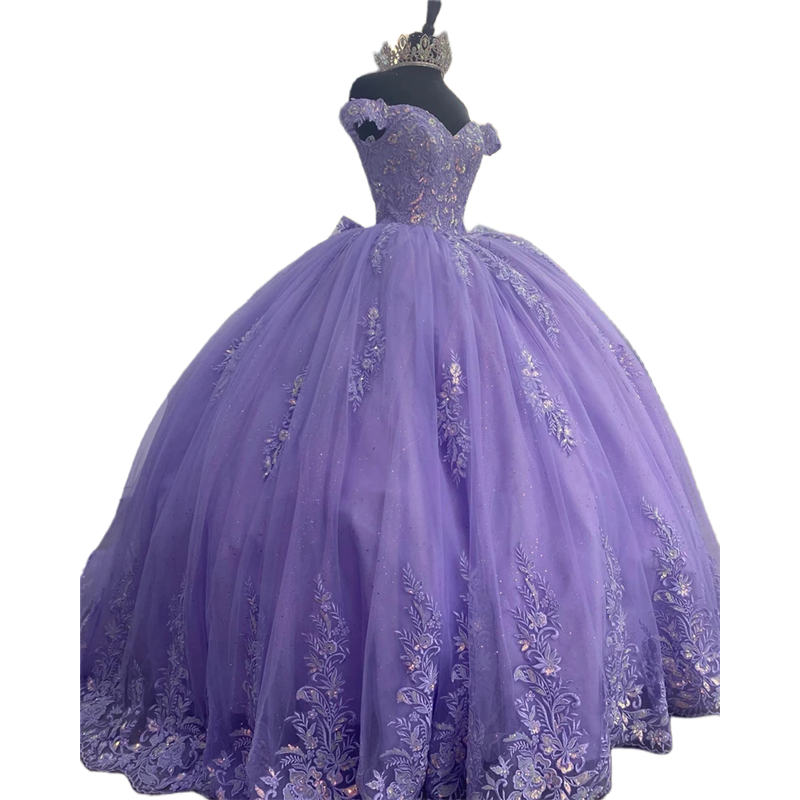 Princess Lavender Quinceanera Dresses Off The Shoulder Ball Gown Lace Appliques Birthday Party Gowns Back Bow Ruffles Beaded Prom Dress Vestido De 15 