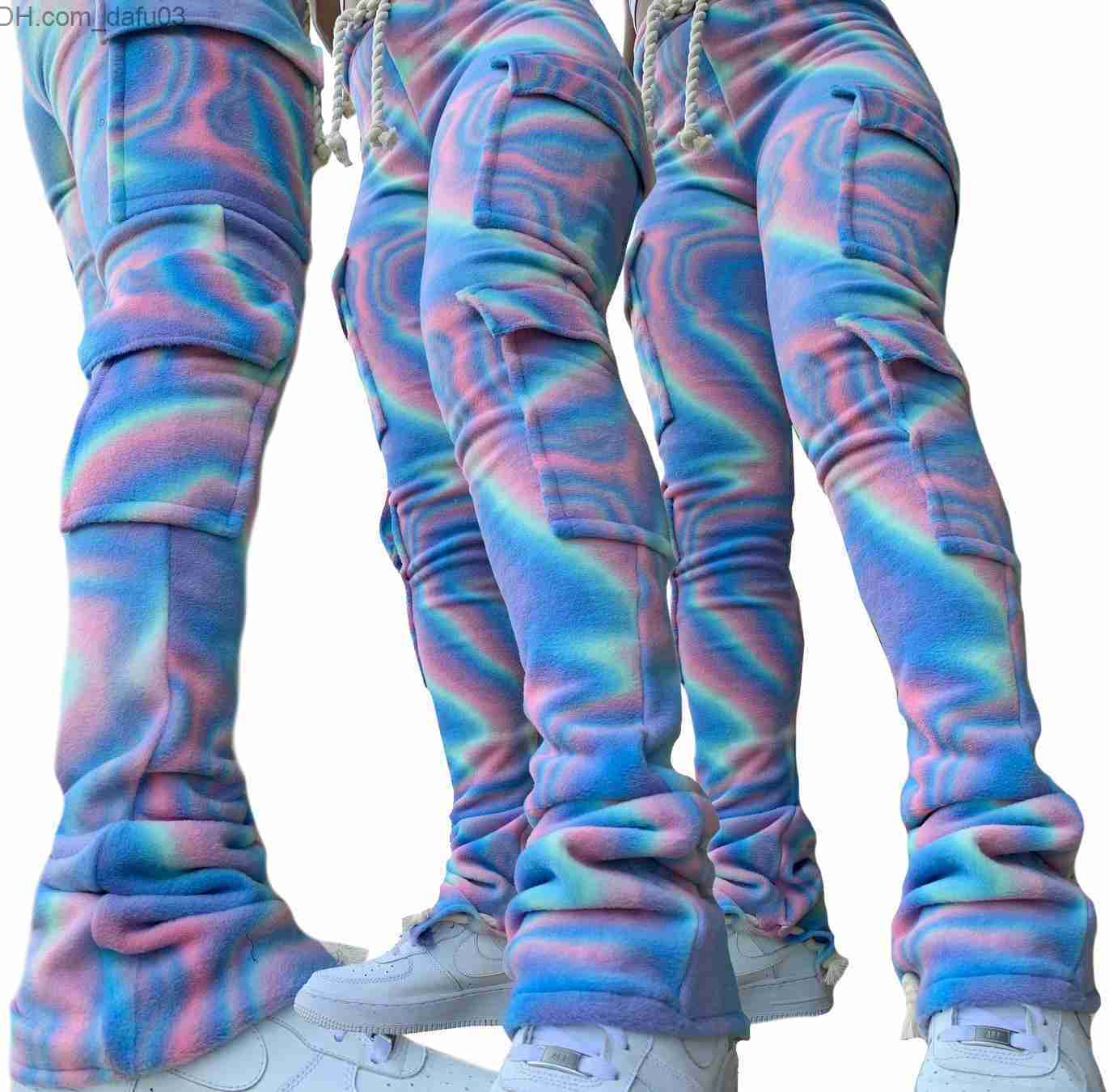 Women's Pants Capris Pants Double Plush Tie Dye Print Jogger Sweatpant Women High Waist Drawstring Stacked Pant Trouser Winter Side S-2XL Z230805