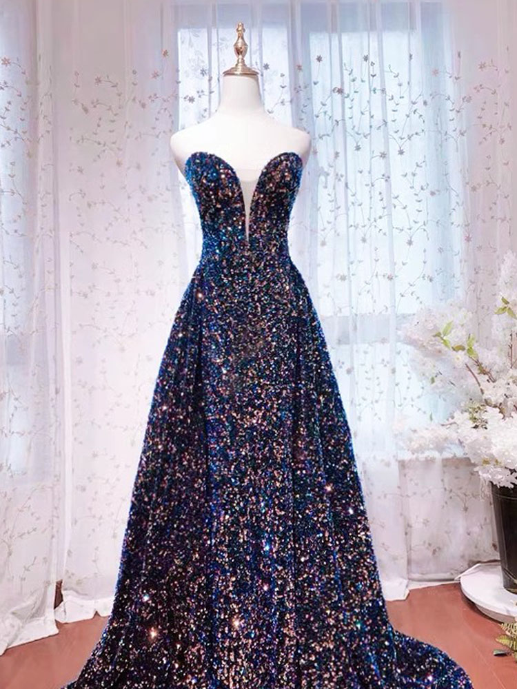 Sparkling Evening Dress Navy/Burgundy Long Prom Gowns Shining Sequins Sweep Train Long Formal Dresses Elegant