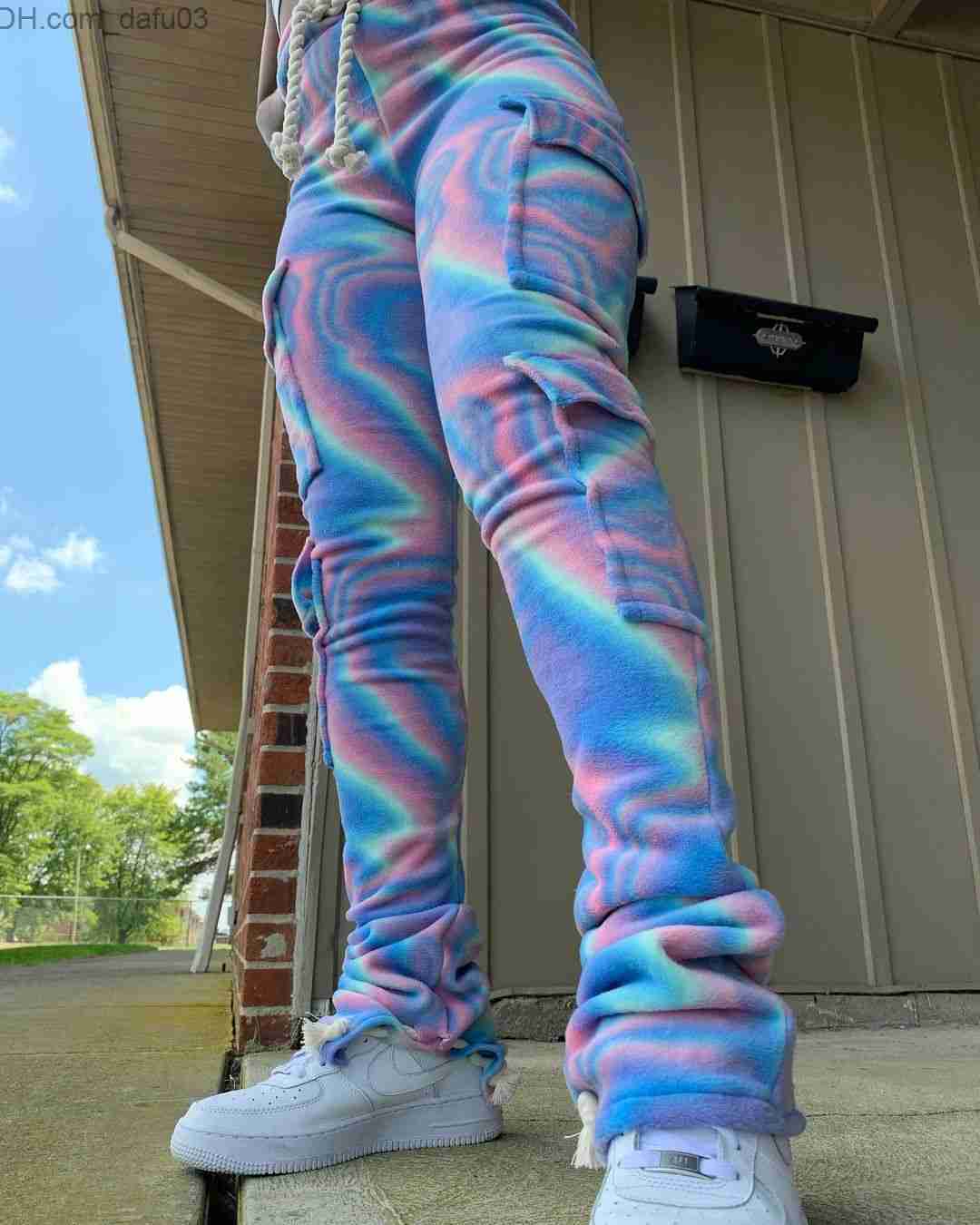 Women's Pants Capris Pants Double Plush Tie Dye Print Jogger Sweatpant Women High Waist Drawstring Stacked Pant Trouser Winter Side S-2XL Z230805