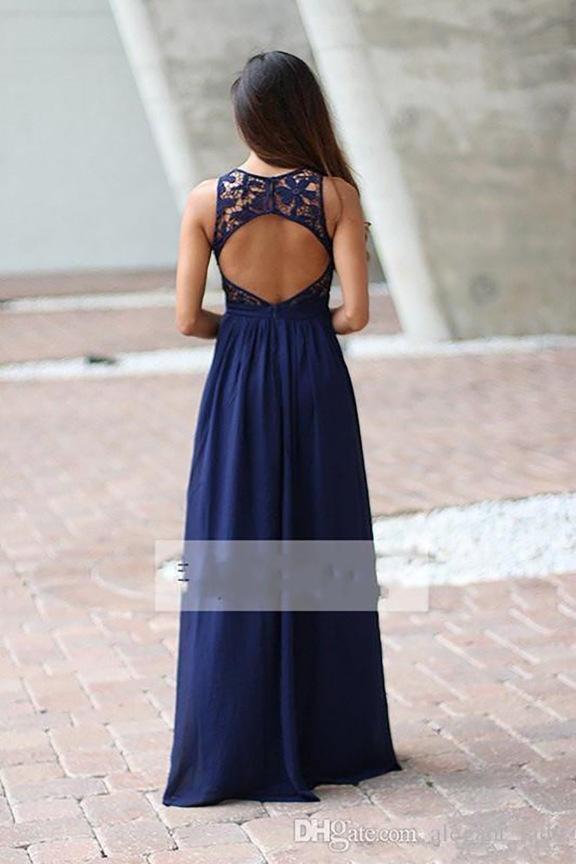 2023 Empire Country Navy Blue Lace Top Bridesmaid Dresses Jewel Neck Backless Chiffon Illusion Floor Length Long junior Wedding Guest