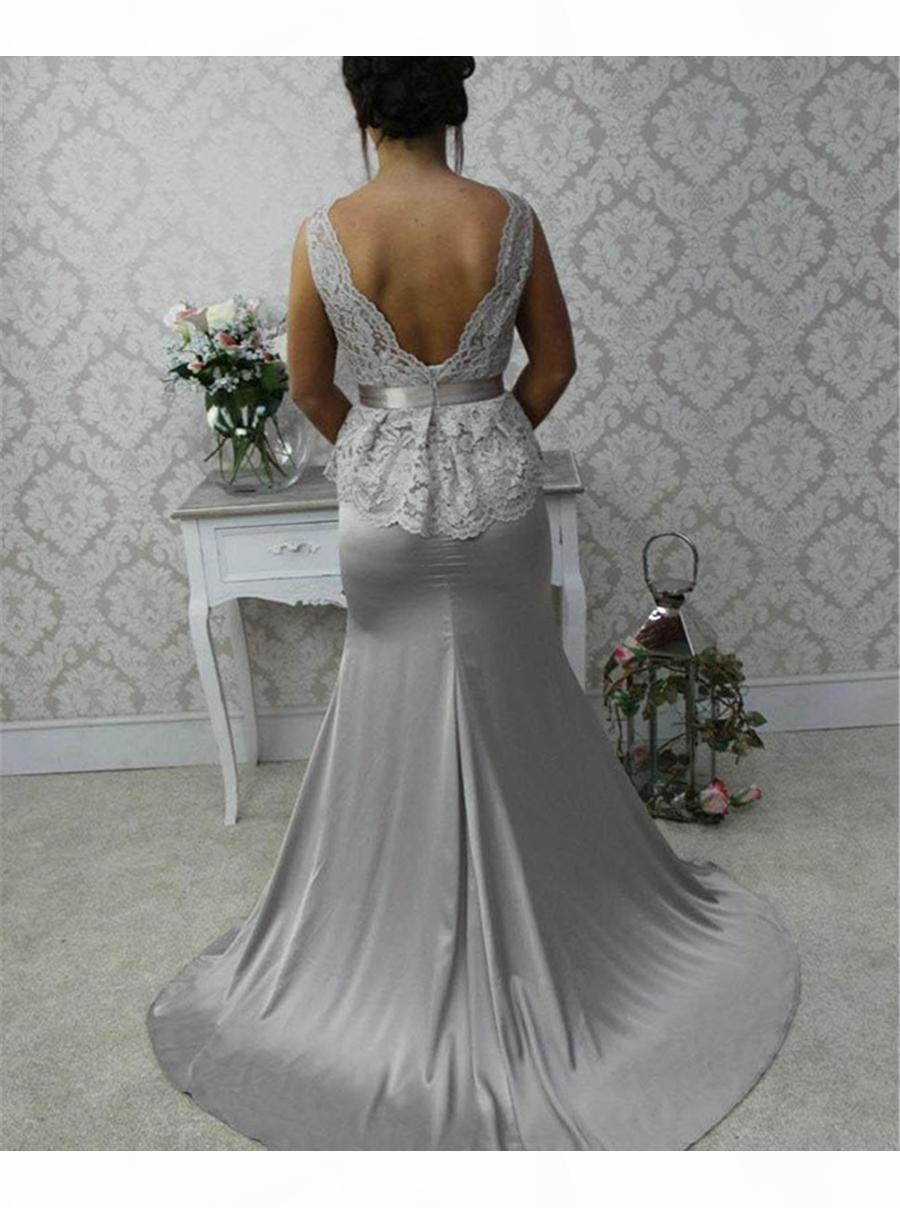 2023 Elegant Scalloped-Edge Sweep Train Sheath Silver Bridesmaid Dress Lace Top with Bow Sash Customized Made Party Formal Dresses