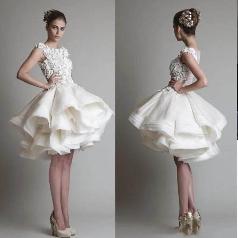 Krikor Jabotian Short Lace Wedding Dresses 2023 Bateau Cap Sleeves Backless Knee Length A line Organza Beach Bridal Bowns