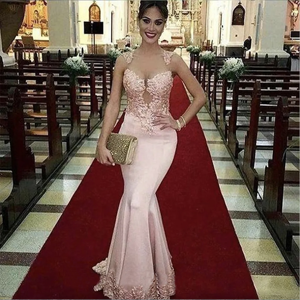 Sheer Tulle Mermaid Long Prom For Women Sweetheart Pink Applique Lace Formal Evening Dresses Party Gala Dress Custom Made