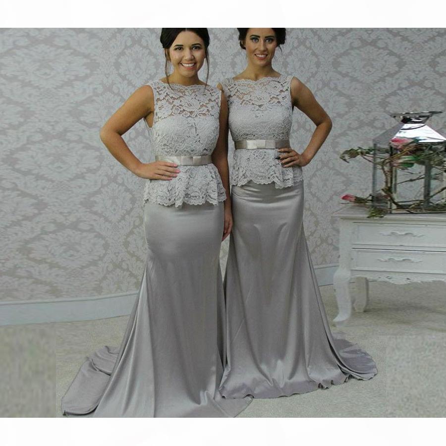 2023 Elegant Scalloped-Edge Sweep Train Sheath Silver Bridesmaid Dress Lace Top with Bow Sash Customized Made Party Formal Dresses