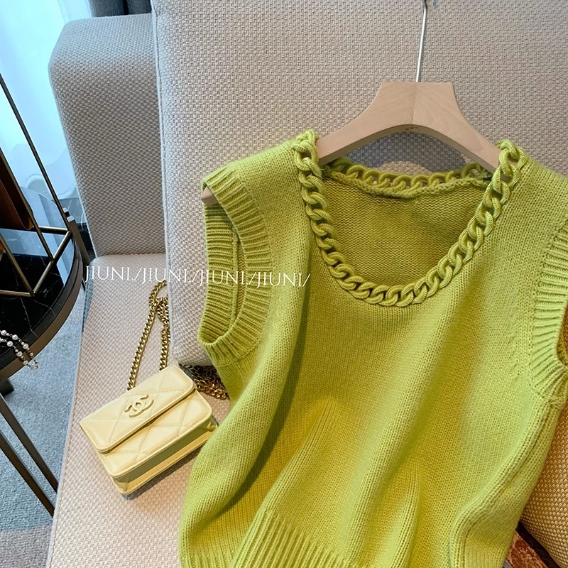 New design womens o-neck chain patchwork knitted green color vest tanks camis SML