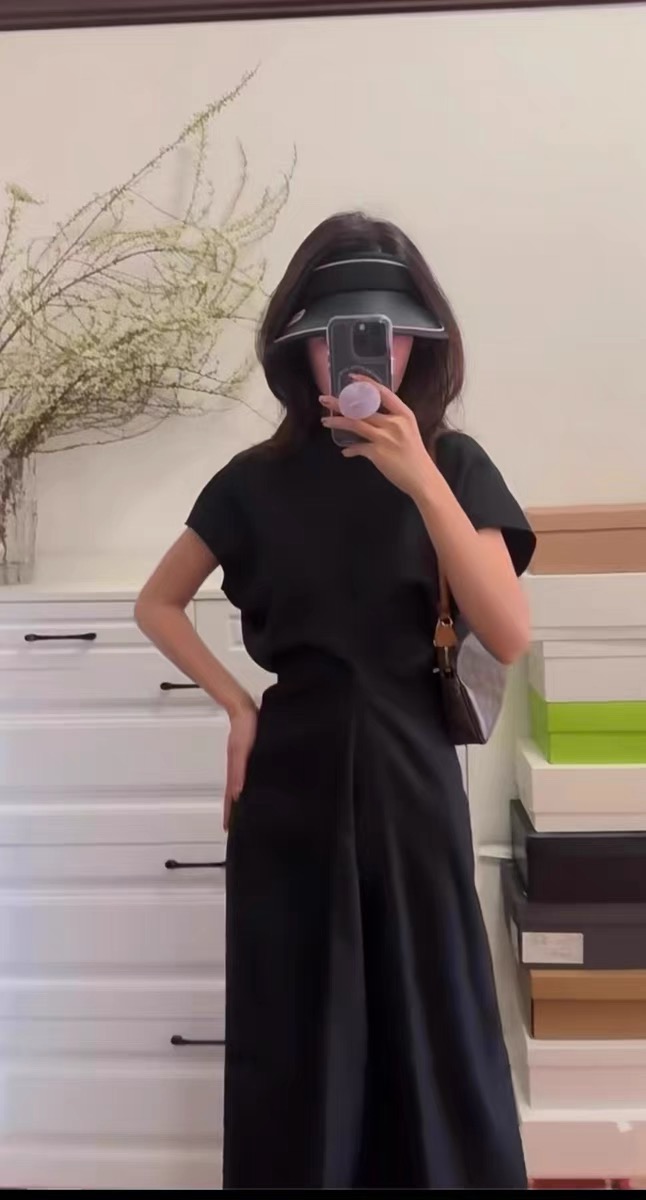 Women Summer Autumn tt Round Neck Short Sleeves Slouch Waist Midi Dress