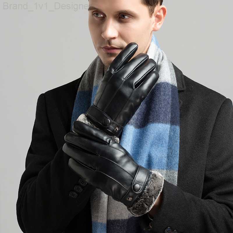 Five Fingers Gloves BISON DENIM Men's Gloves Touch Screen Warm Thicken Winter PU Leather Outdoor Sport Windproof Fashion Winter Gloves for Men S0